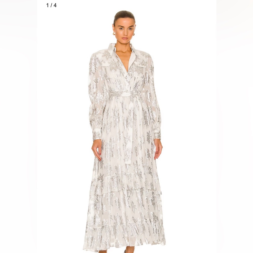Rococo Sand White Metallic Silver Sequin Long Sleeve Elia Belted Maxi Dress